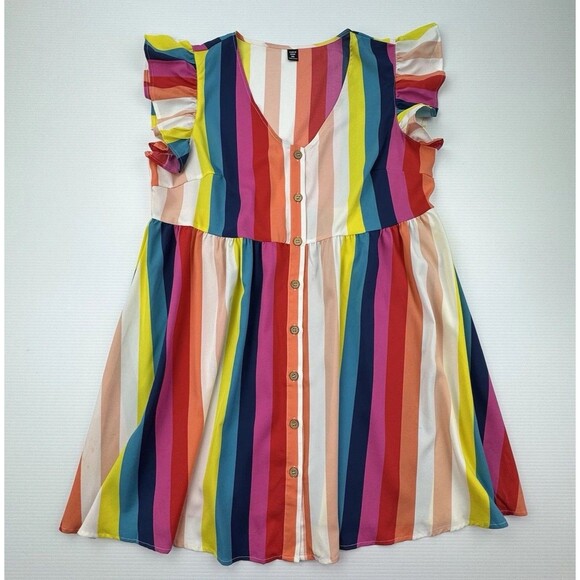 Rainbow Striped Dress Size 2X Button Front Ruffle Sleeve Boho Retro Festival - Picture 2 of 12